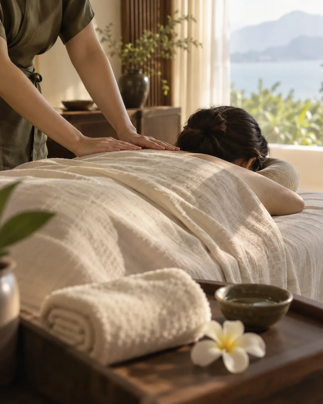 Hình minh họa: Một buổi massage nhẹ nhàng trong phòng riêng với khăn vải và hoa