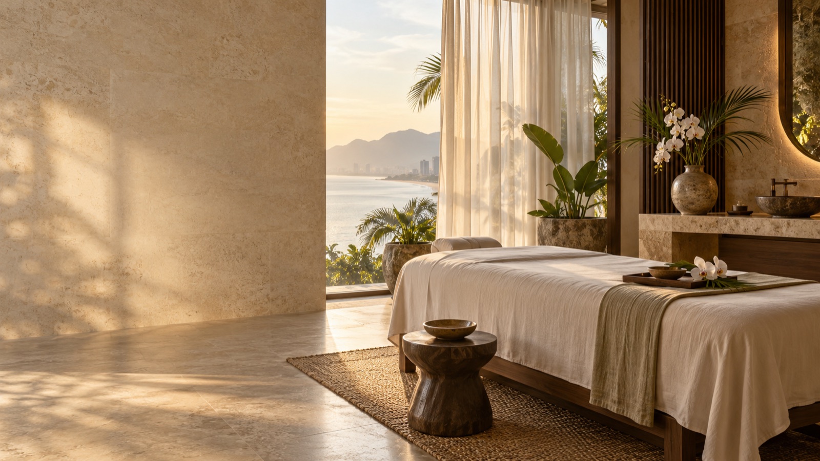 Conceptual wellness room with warm light and a massage table