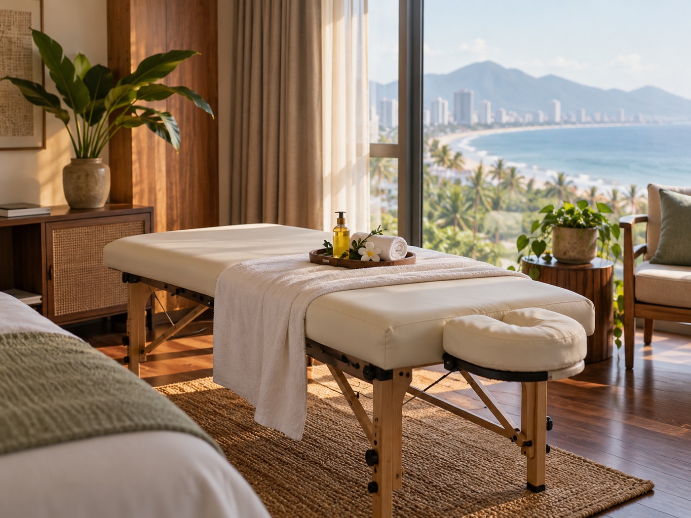 Illustrative in-room massage table with clean linens